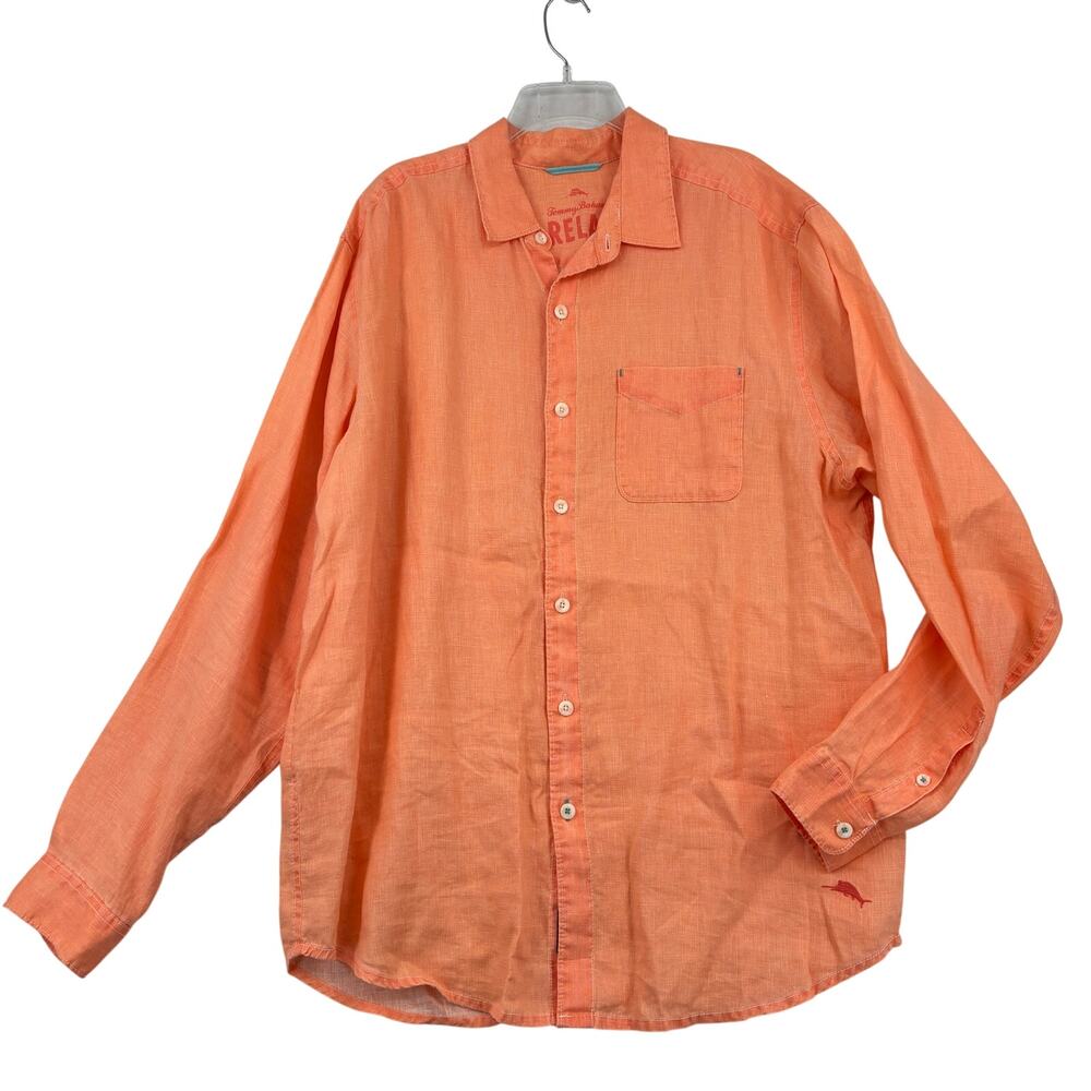 Tommy Bahama Relax Shirt Men's LT Orange 100% Linen Button Up Long Sleeve